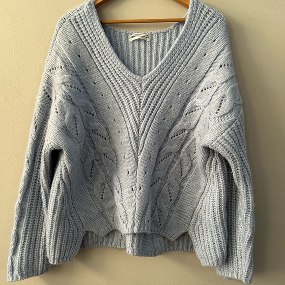 Anthropologie Ramona Blue V-Neck Slouchy Cable Knit  Alpaca Blend Sweater - Picture 6 of 7
